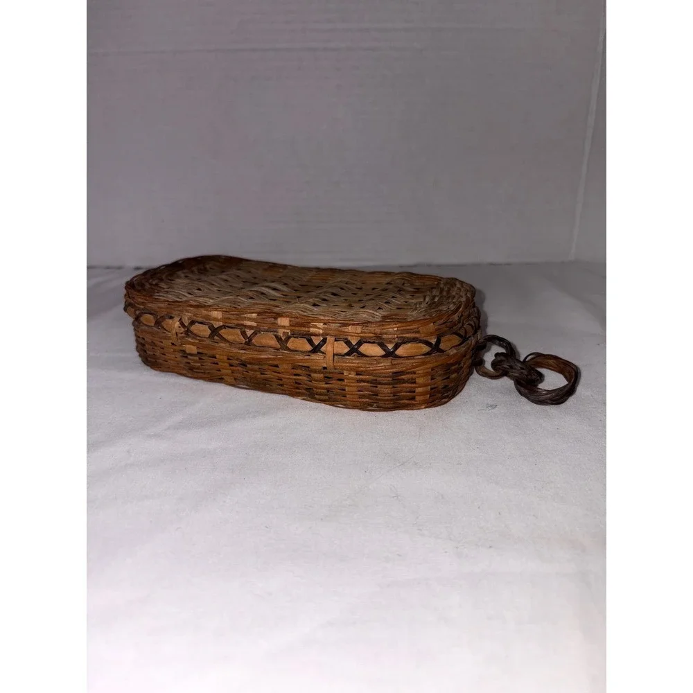 Vintage Woven Wicker Pill Box Small Trinket Basket Oval Brown Boho Keepsake Case